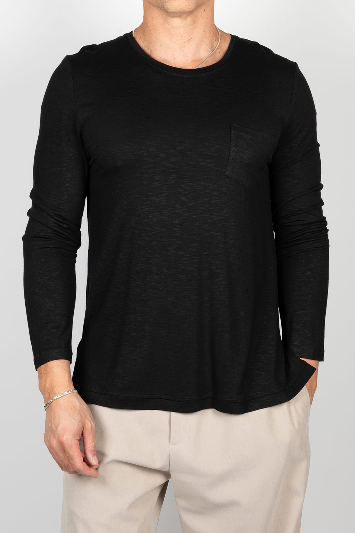 Black long-sleeved t-shirt with pocket